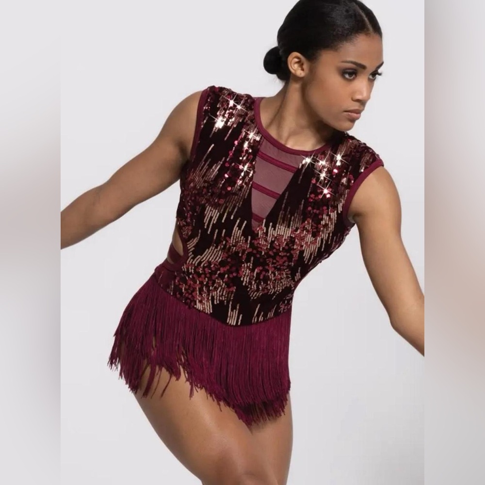 NWOT Weissman Elite ‘Belong’ Red Velvet Cutout Fringe Dance Leotard, Size SA.